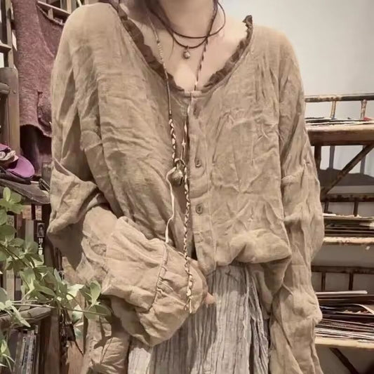 Spring Arts Style Women Patchwork Stand Collar Loose Shirt Good Quality Cotton Linen Single Breasted Vintage Blouse Female Tops