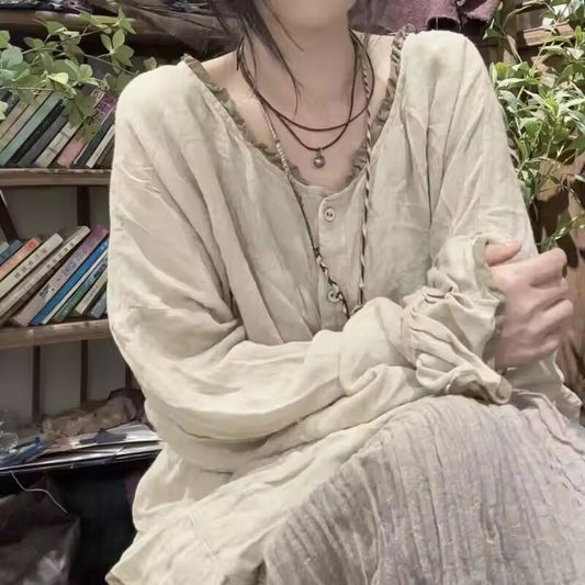 Spring Arts Style Women Patchwork Stand Collar Loose Shirt Good Quality Cotton Linen Single Breasted Vintage Blouse Female Tops